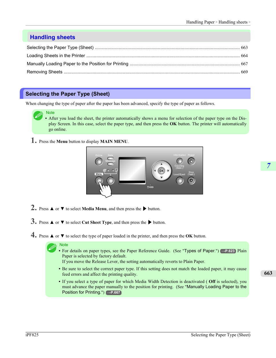 Handling sheets, Selecting the paper type (sheet), See "selecting the paper type (sheet).") | P.663 | Canon imagePROGRAF iPF825 User Manual | Page 679 / 956