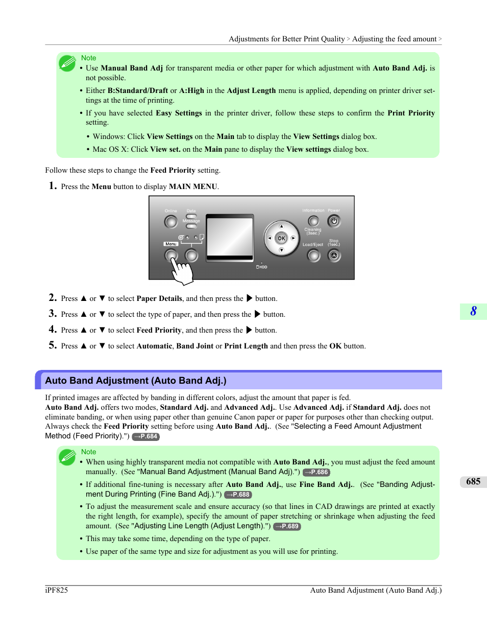 Auto band adjustment (auto band adj.), See "auto band adjustment (auto band adj.)."), P.685 | Canon imagePROGRAF iPF825 User Manual | Page 701 / 956