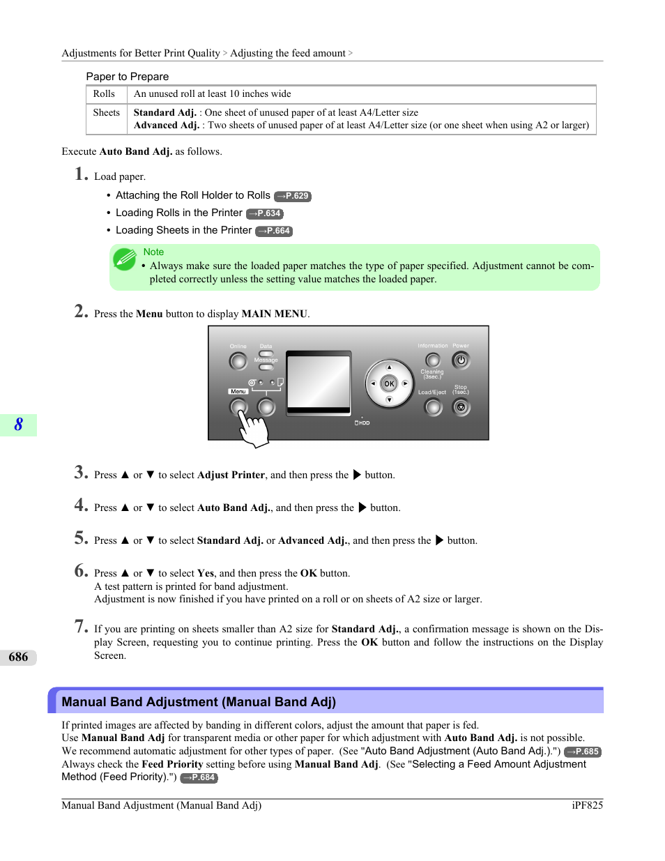Manual band adjustment (manual band adj), See "manual band adjustment (manual band adj)."), P.686 | Canon imagePROGRAF iPF825 User Manual | Page 702 / 956