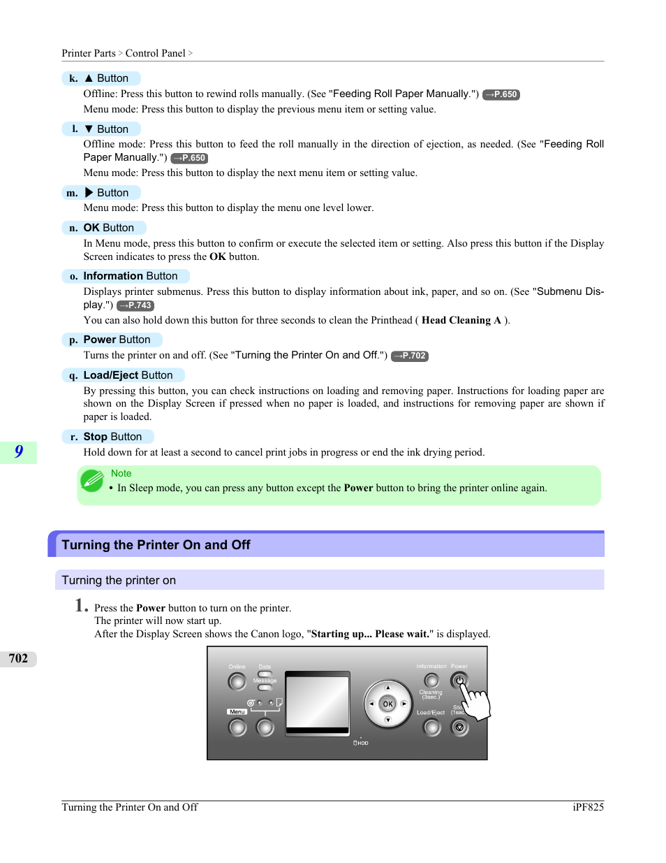 Turning the printer on and off, P.702 | Canon imagePROGRAF iPF825 User Manual | Page 718 / 956