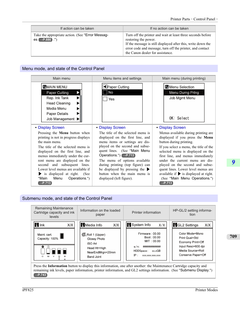 Menu mode, and state of the control panel, P.709, Submenu mode, and state of the control panel | Canon imagePROGRAF iPF825 User Manual | Page 725 / 956