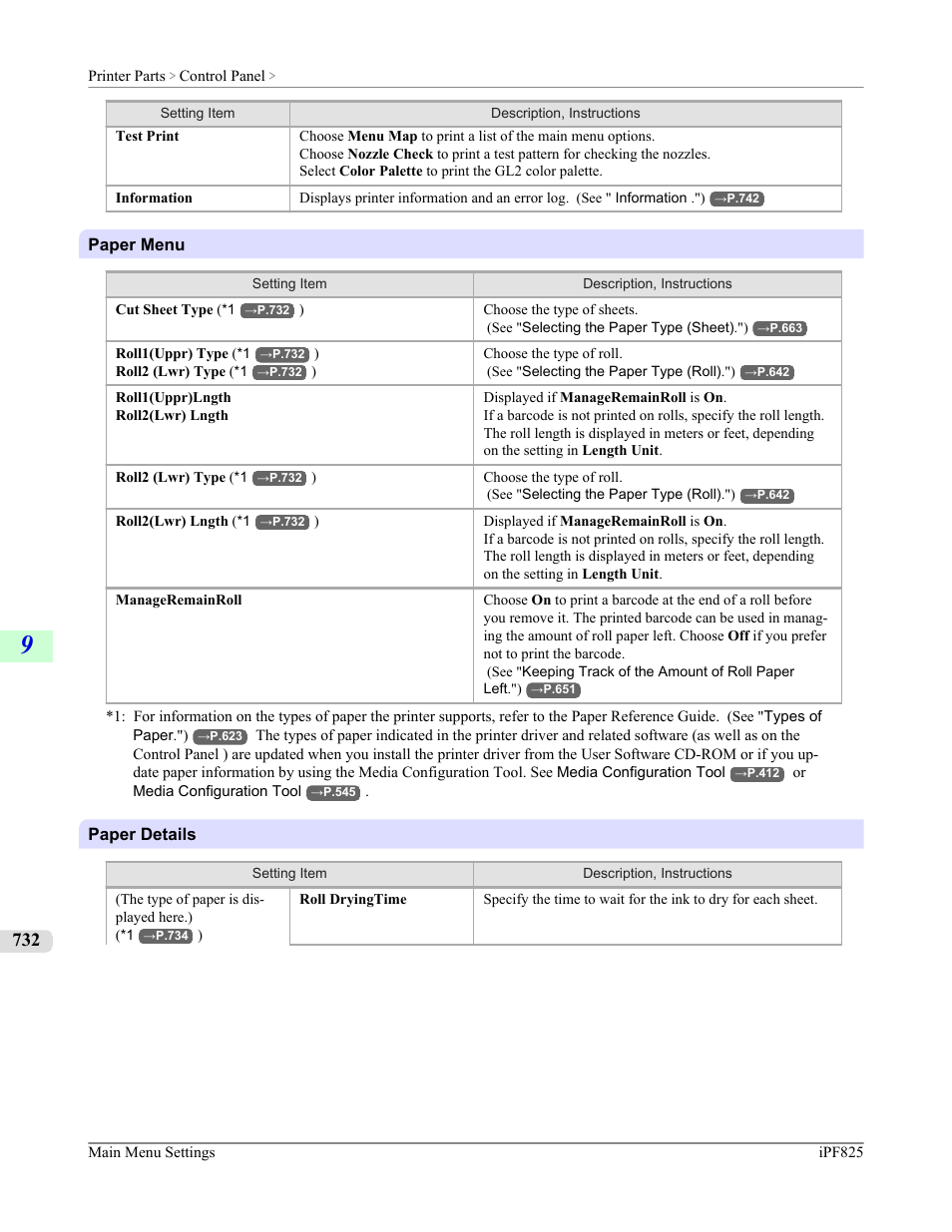 P.732, See " paper details .") | Canon imagePROGRAF iPF825 User Manual | Page 748 / 956