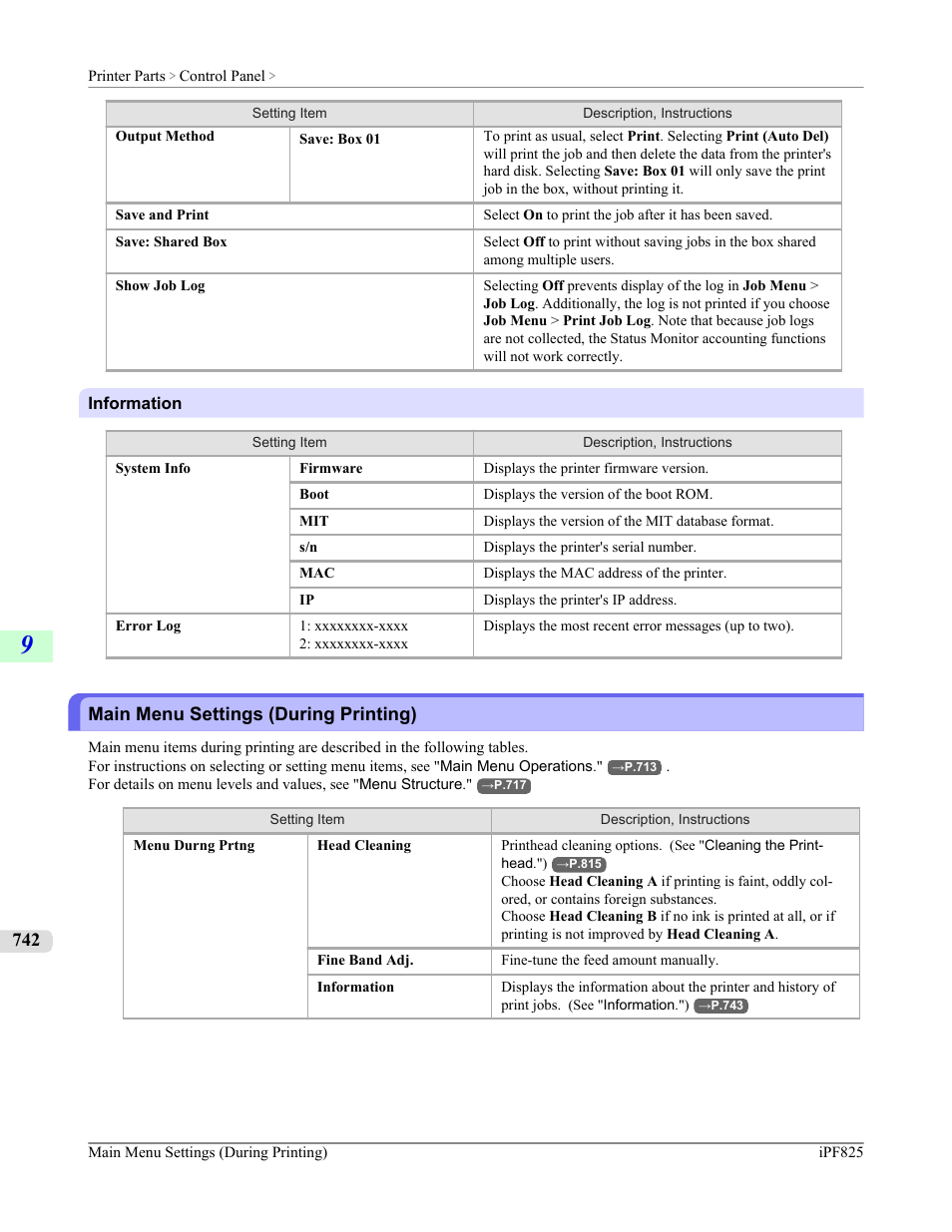Main menu settings (during printing), See "main menu settings (during printing)."), P.742 | Canon imagePROGRAF iPF825 User Manual | Page 758 / 956