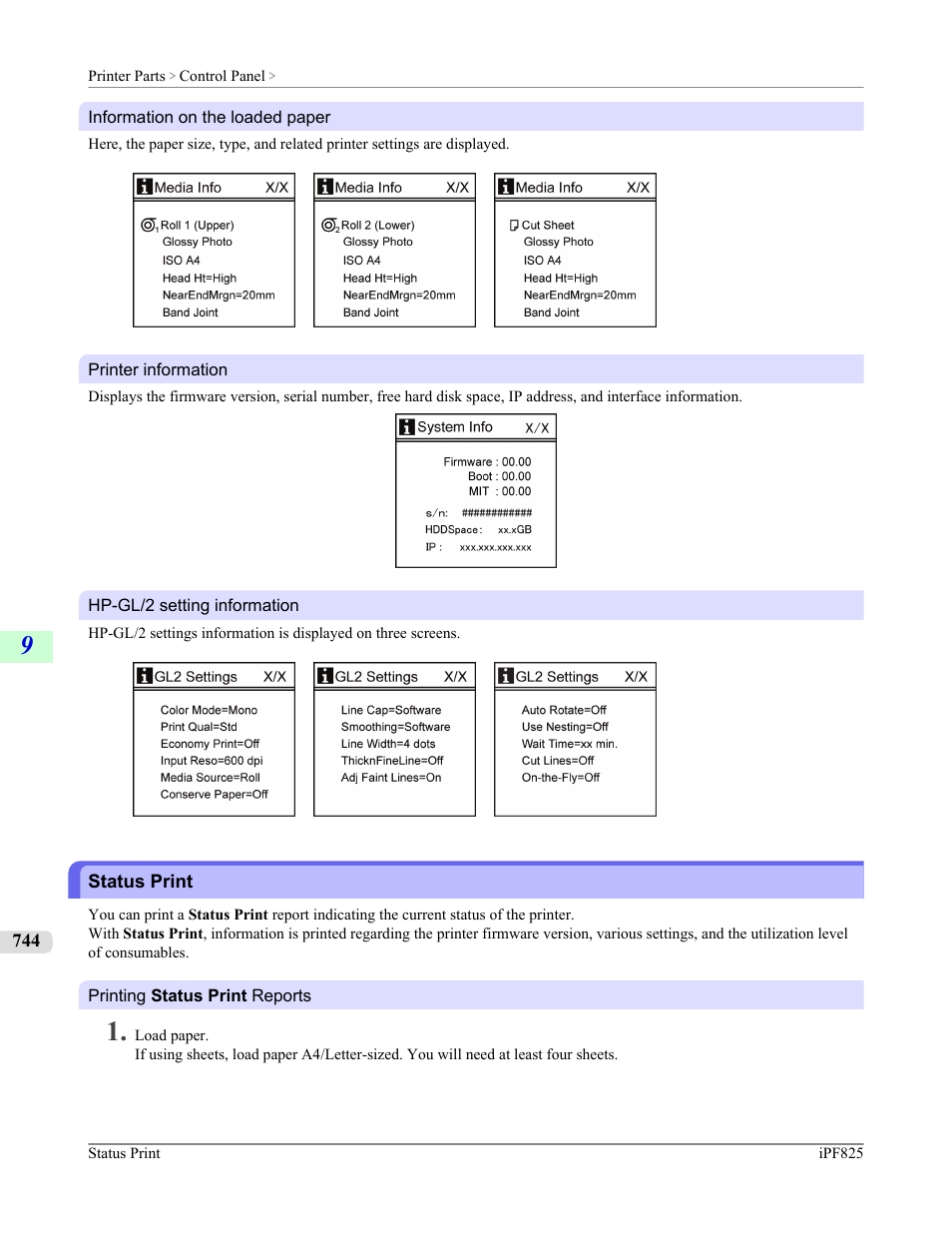 Status print | Canon imagePROGRAF iPF825 User Manual | Page 760 / 956