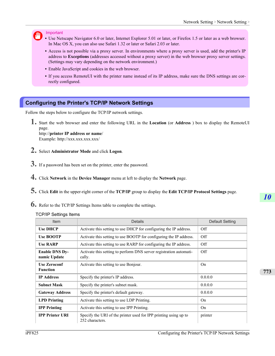 Configuring the printer's tcp/ip network settings, P.773 | Canon imagePROGRAF iPF825 User Manual | Page 789 / 956