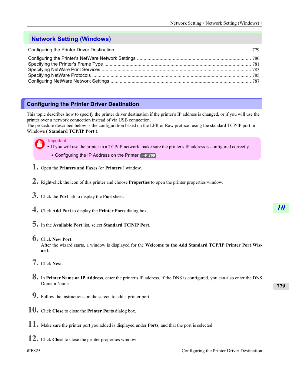 Network setting (windows), Configuring the printer driver destination | Canon imagePROGRAF iPF825 User Manual | Page 795 / 956