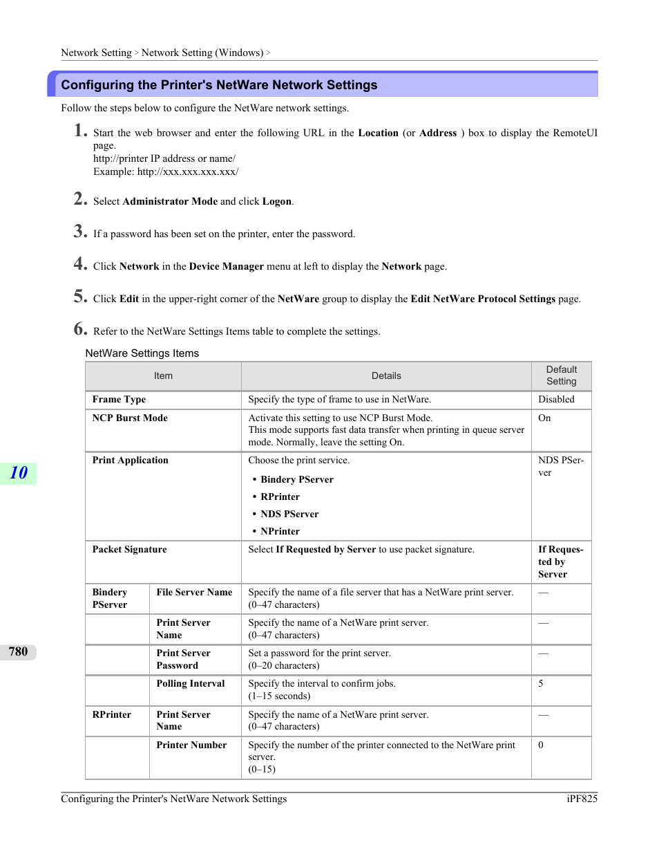 Configuring the printer's netware network settings, P.780 | Canon imagePROGRAF iPF825 User Manual | Page 796 / 956