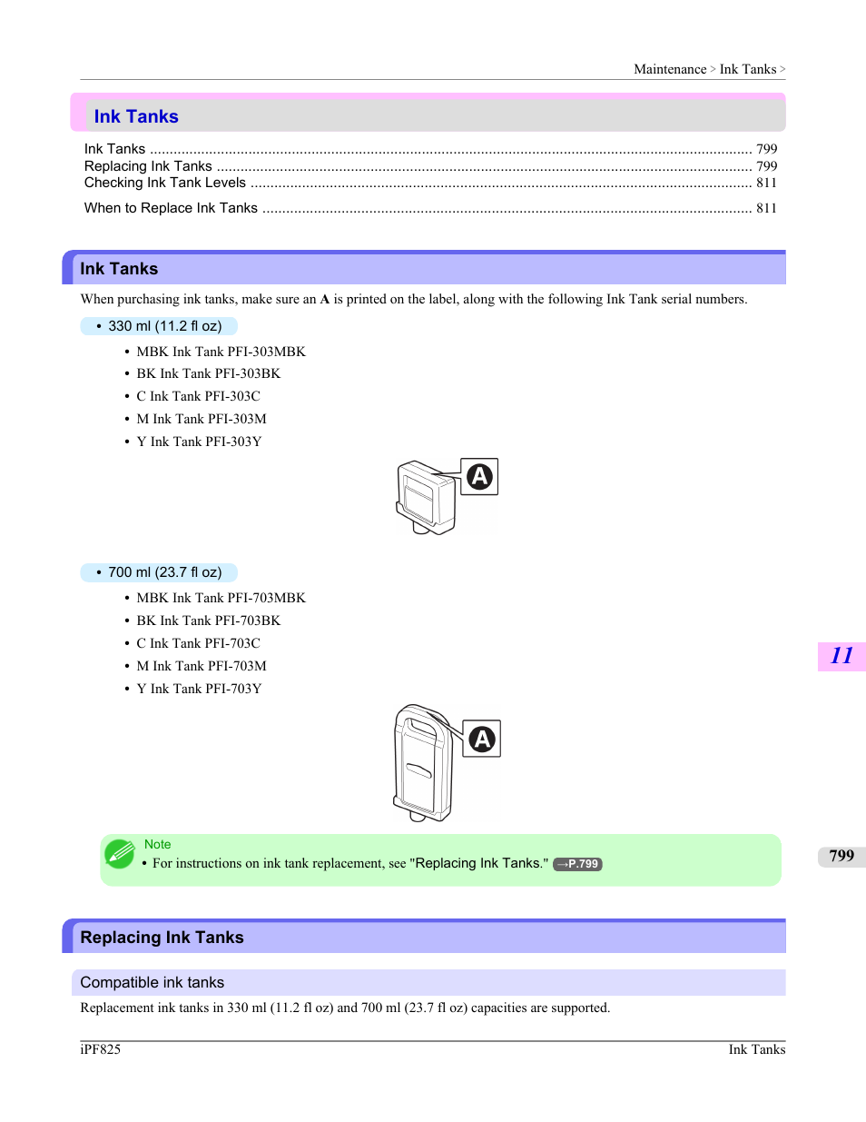Ink tanks, Replacing ink tanks, Ink tanks replacing ink tanks | Please see "replacing ink tanks, P.799, See "replacing ink tanks.") | Canon imagePROGRAF iPF825 User Manual | Page 815 / 956