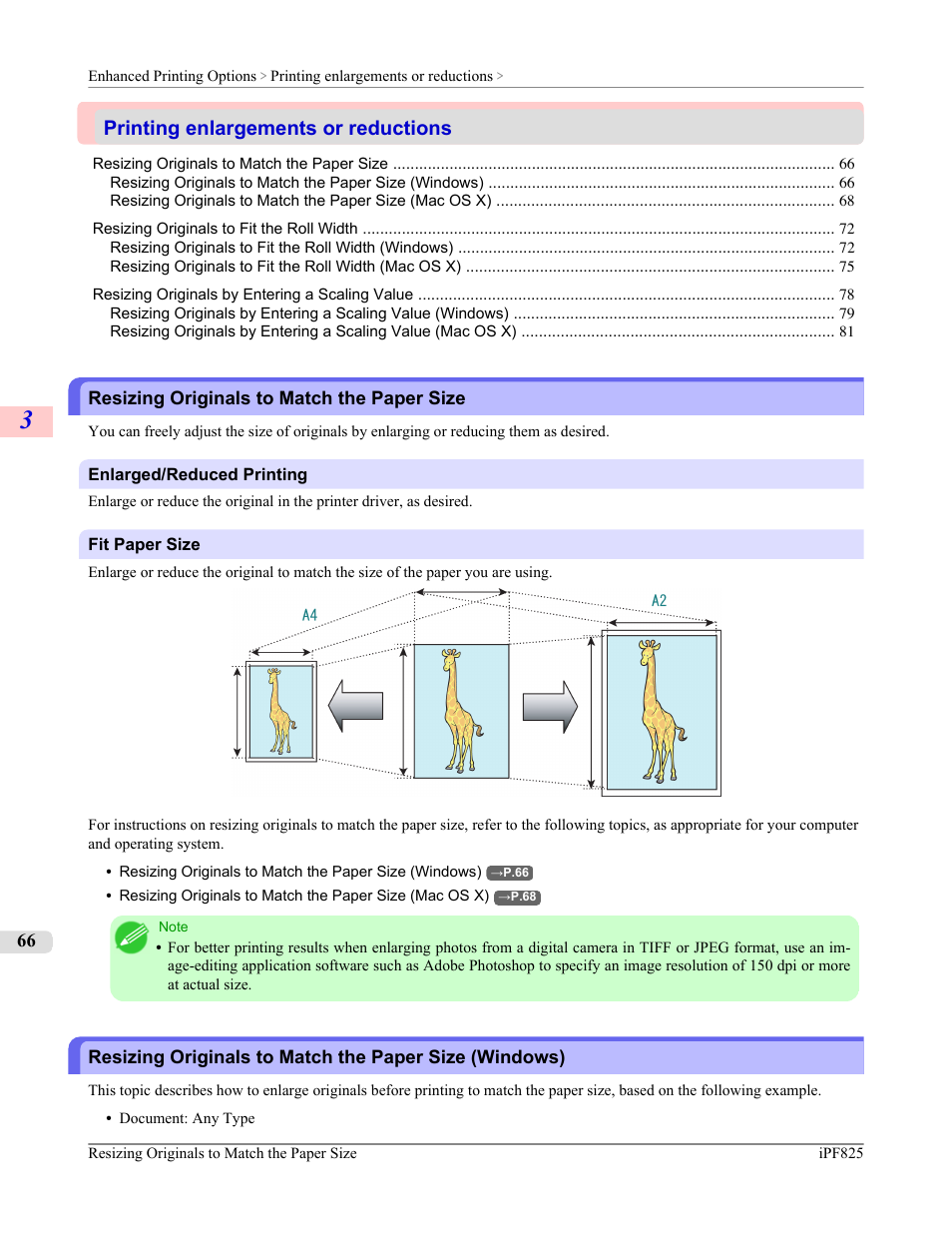 Printing enlargements or reductions, Resizing originals to match the paper size, See "resizing originals to match the paper size.") | P.66 | Canon imagePROGRAF iPF825 User Manual | Page 82 / 956