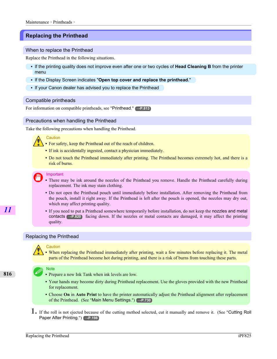 Replacing the printhead, Please see "replacing the printhead, P.816 | See "replacing the print- head.") | Canon imagePROGRAF iPF825 User Manual | Page 832 / 956