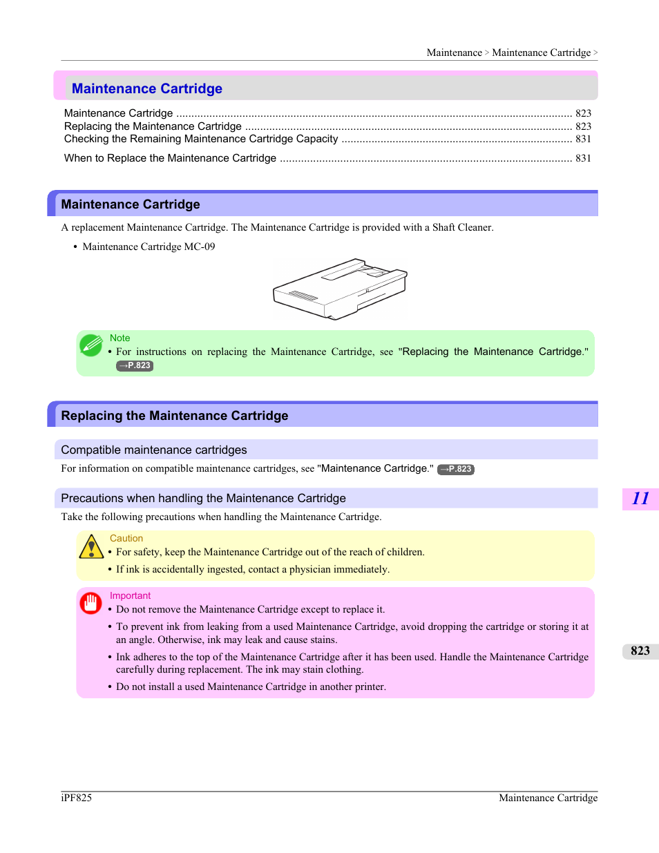 Maintenance cartridge, Replacing the maintenance cartridge, P.823 | See "replacing the main- tenance cartridge.") | Canon imagePROGRAF iPF825 User Manual | Page 839 / 956