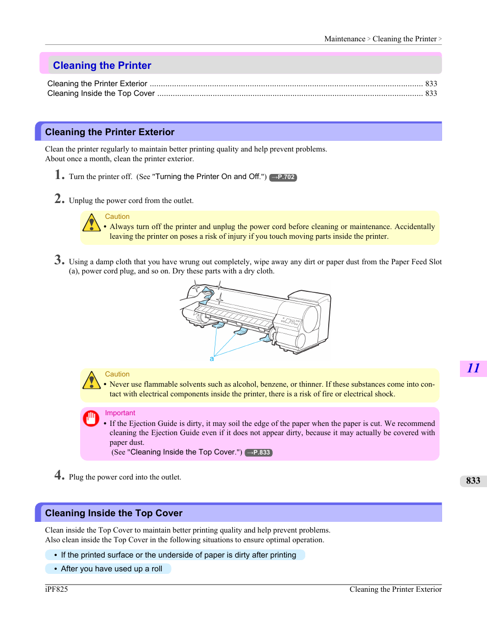Cleaning the printer, Cleaning the printer exterior, Cleaning inside the top cover | See "cleaning inside the top cover."), P.833, See "cleaning inside the top cov, Er.") | Canon imagePROGRAF iPF825 User Manual | Page 849 / 956