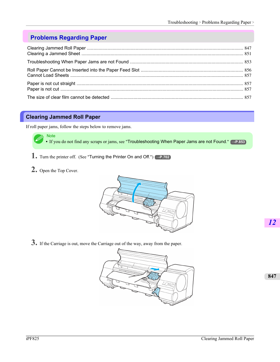 Problems regarding paper, Clearing jammed roll paper | Canon imagePROGRAF iPF825 User Manual | Page 863 / 956