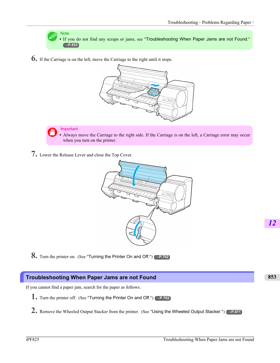 Troubleshooting when paper jams are not found, P.853 | Canon imagePROGRAF iPF825 User Manual | Page 869 / 956