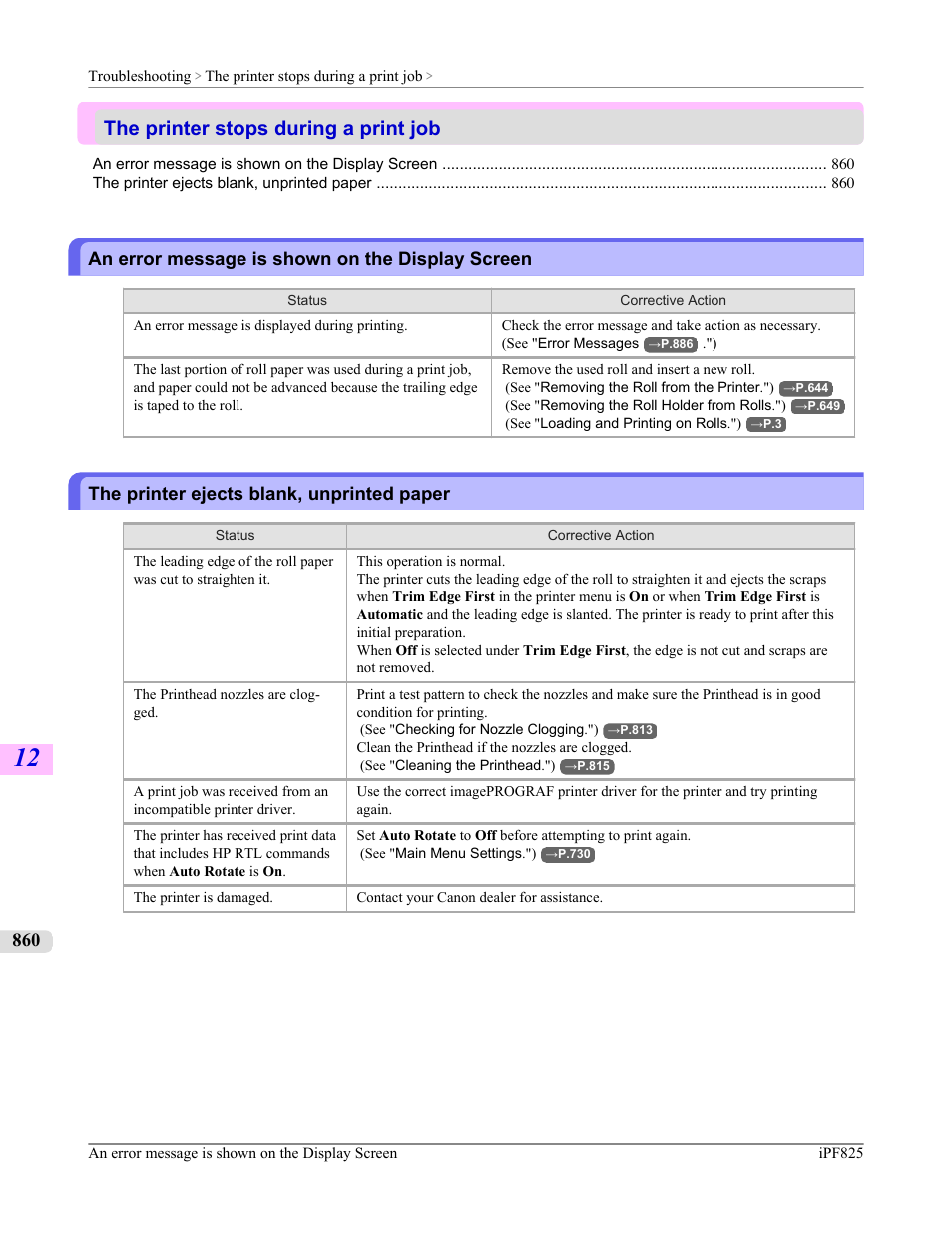 The printer stops during a print job, An error message is shown on the display screen, The printer ejects blank, unprinted paper | Canon imagePROGRAF iPF825 User Manual | Page 876 / 956