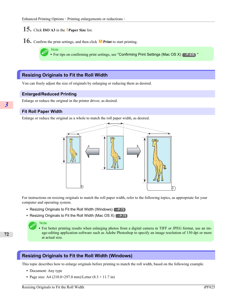 Resizing originals to fit the roll width, Resizing originals to fit the roll width (windows), See "resizing originals to fit the roll width.") | P.72 | Canon imagePROGRAF iPF825 User Manual | Page 88 / 956