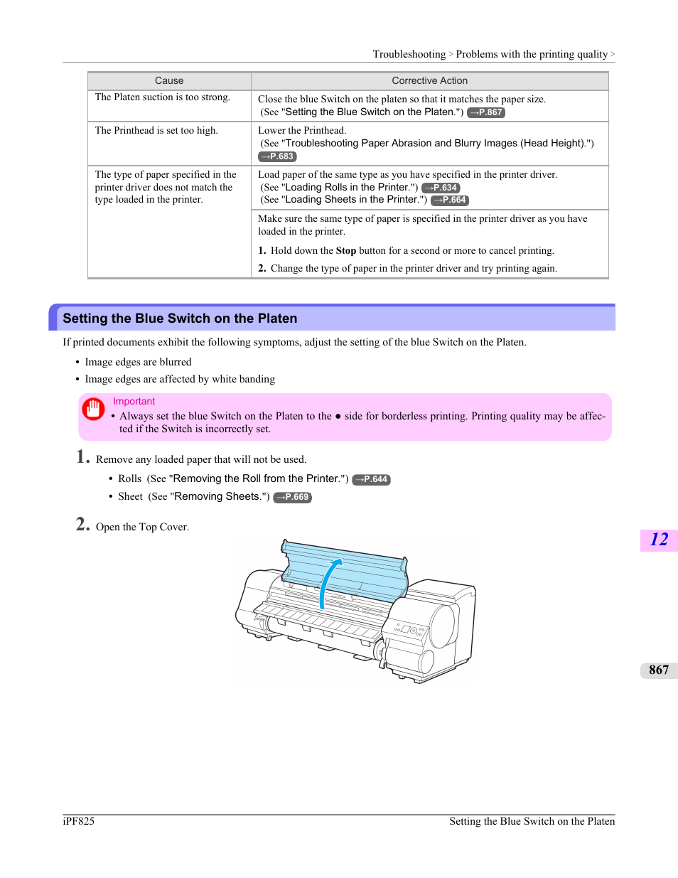 Setting the blue switch on the platen, Setting the blue switch on the platen."), P.867 | See "setting, The blue switch on the platen.") | Canon imagePROGRAF iPF825 User Manual | Page 883 / 956