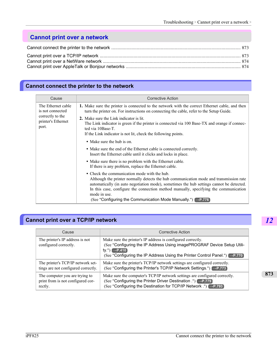 Cannot print over a network, Cannot connect the printer to the network, Cannot print over a tcp/ip network | See "cannot connect the printer to the network."), P.873 | Canon imagePROGRAF iPF825 User Manual | Page 889 / 956