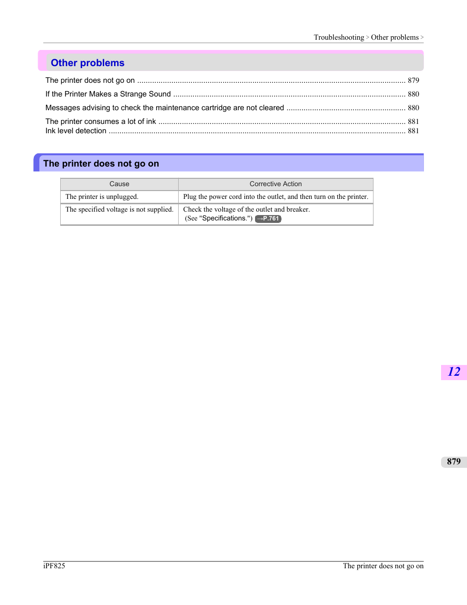 Other problems, The printer does not go on | Canon imagePROGRAF iPF825 User Manual | Page 895 / 956