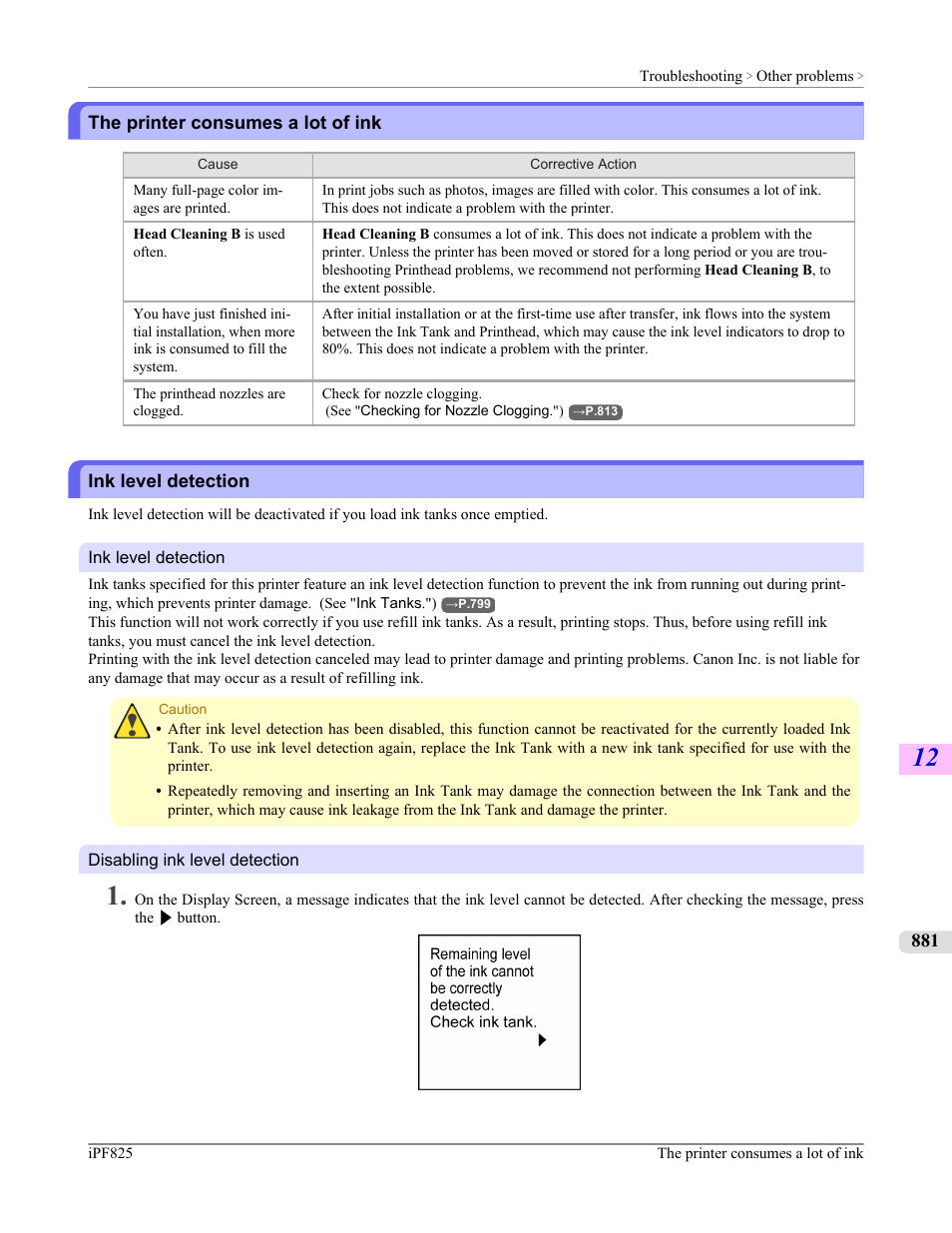The printer consumes a lot of ink, Ink level detection | Canon imagePROGRAF iPF825 User Manual | Page 897 / 956