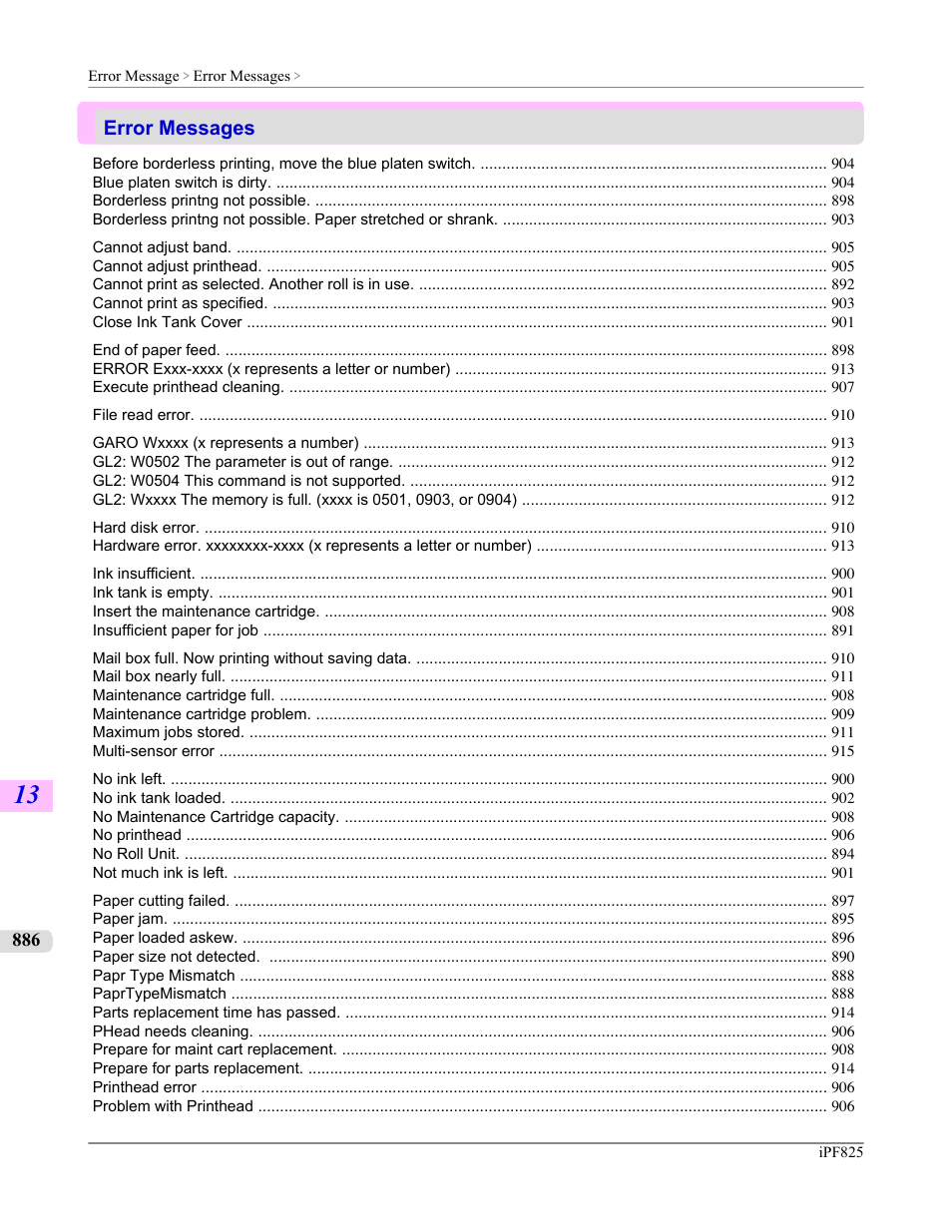 Error messages, Error messag- es, P.886 | Canon imagePROGRAF iPF825 User Manual | Page 902 / 956