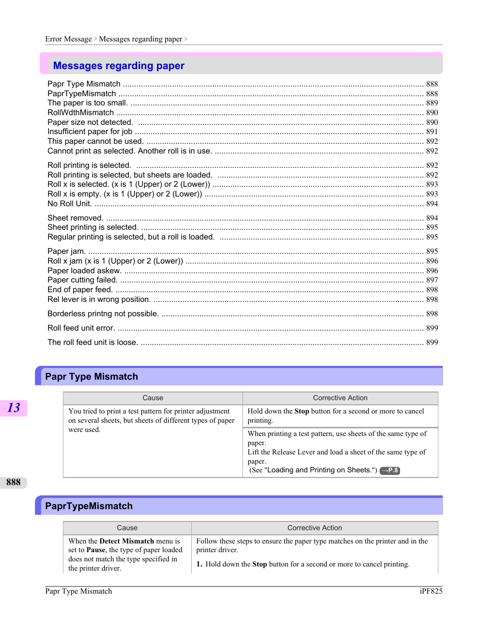 Messages regarding paper, Papr type mismatch, Paprtypemismatch | Papr type mismatch paprtypemismatch, P.888 | Canon imagePROGRAF iPF825 User Manual | Page 904 / 956