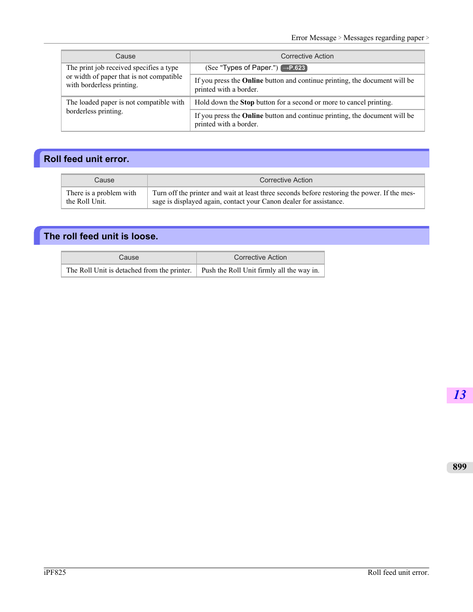 Roll feed unit error, The roll feed unit is loose, Roll feed unit error the roll feed unit is loose | Canon imagePROGRAF iPF825 User Manual | Page 915 / 956