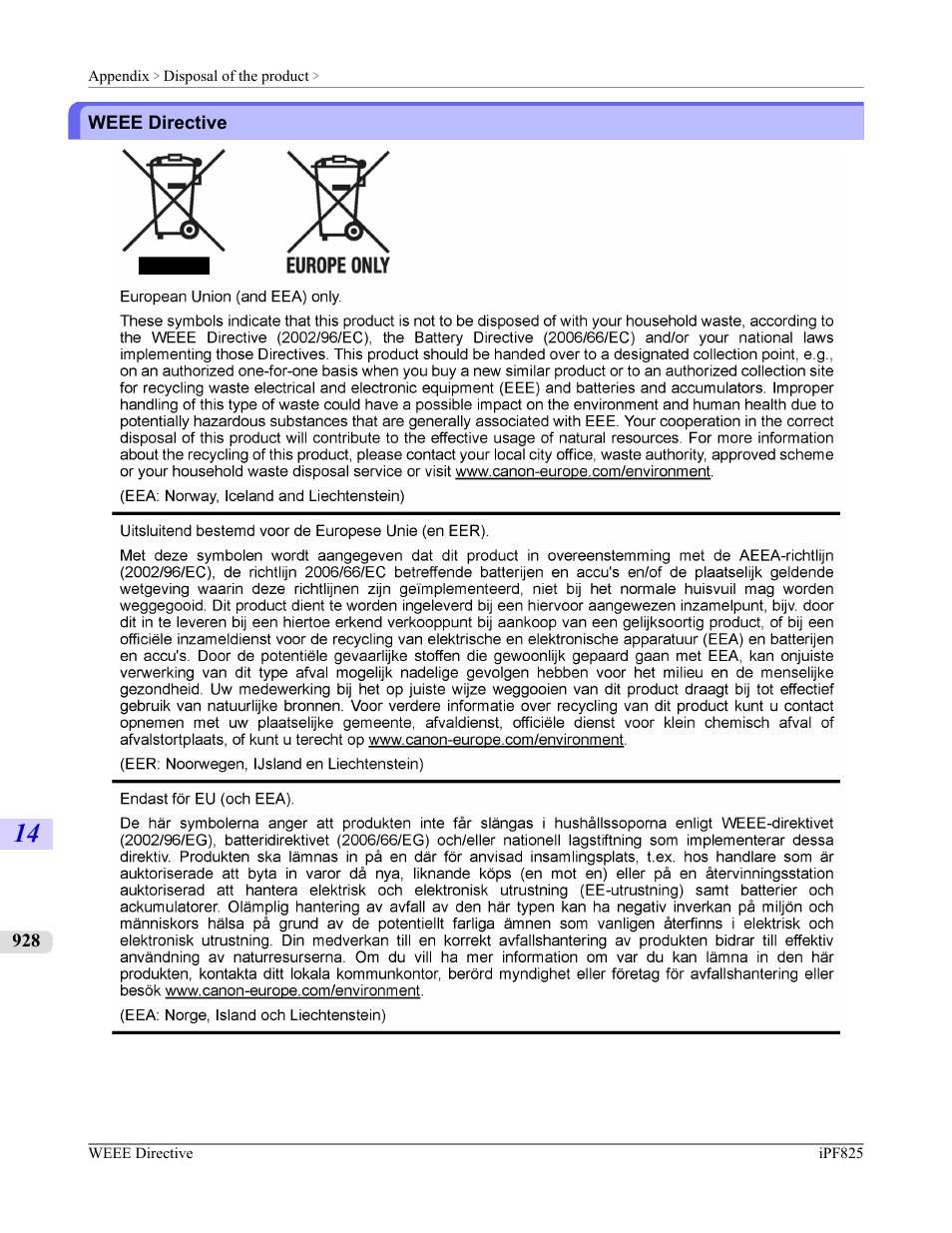 Weee directive | Canon imagePROGRAF iPF825 User Manual | Page 944 / 956