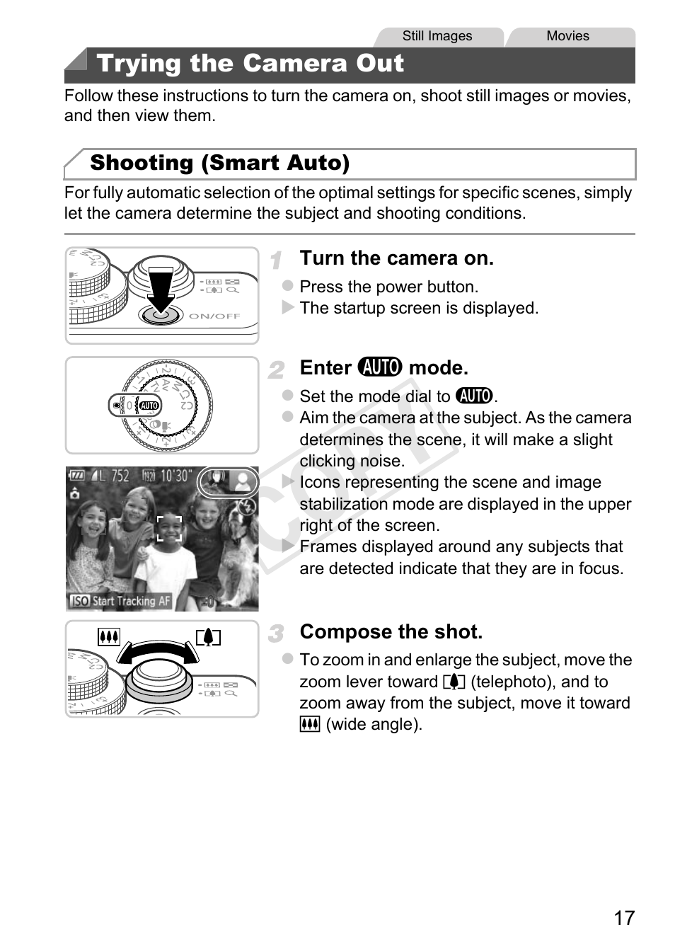 Trying the camera out, Cop y | Canon PowerShot G1 X User Manual | Page 17 / 36