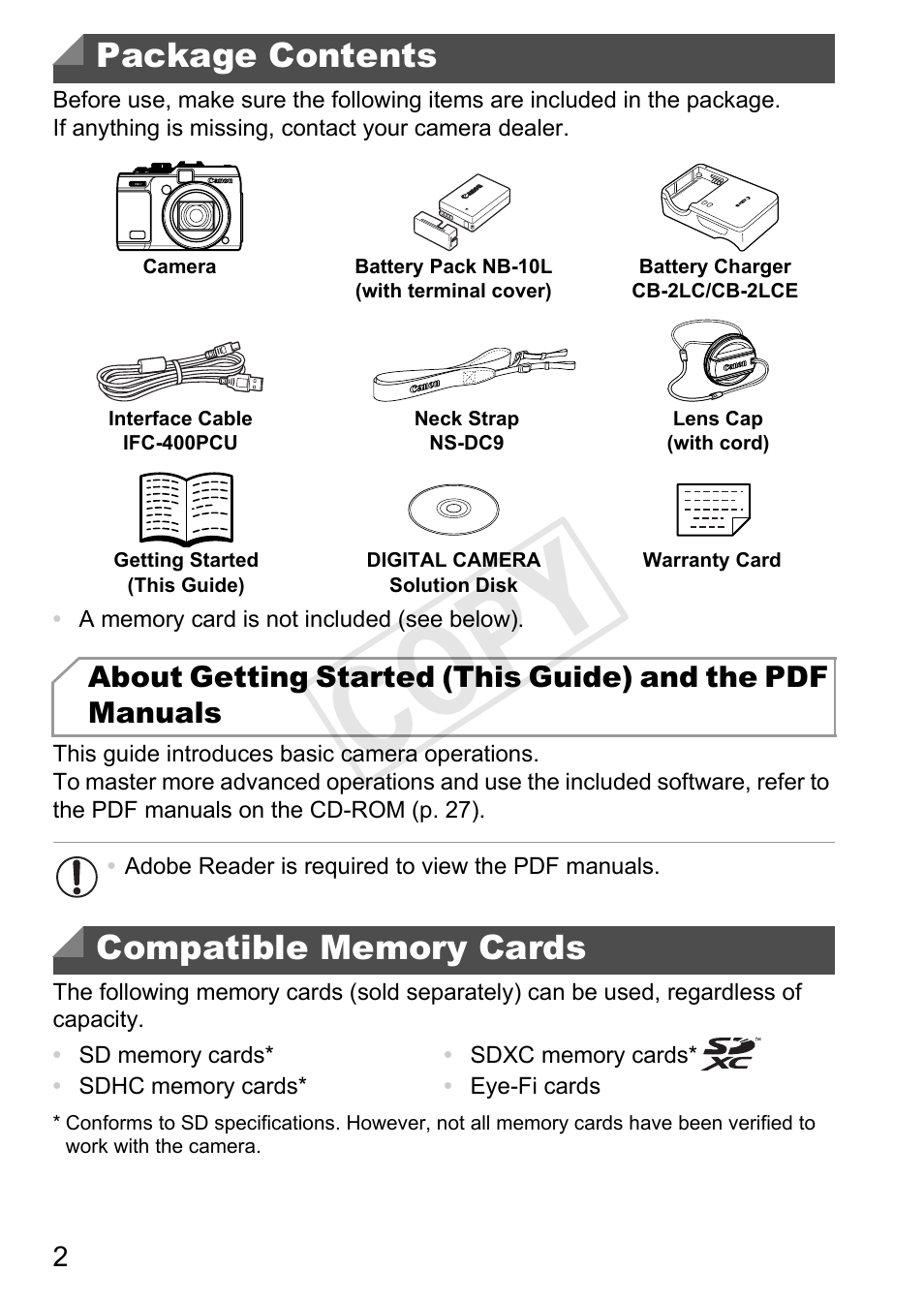 Cop y, Package contents | Canon PowerShot G1 X User Manual | Page 2 / 36