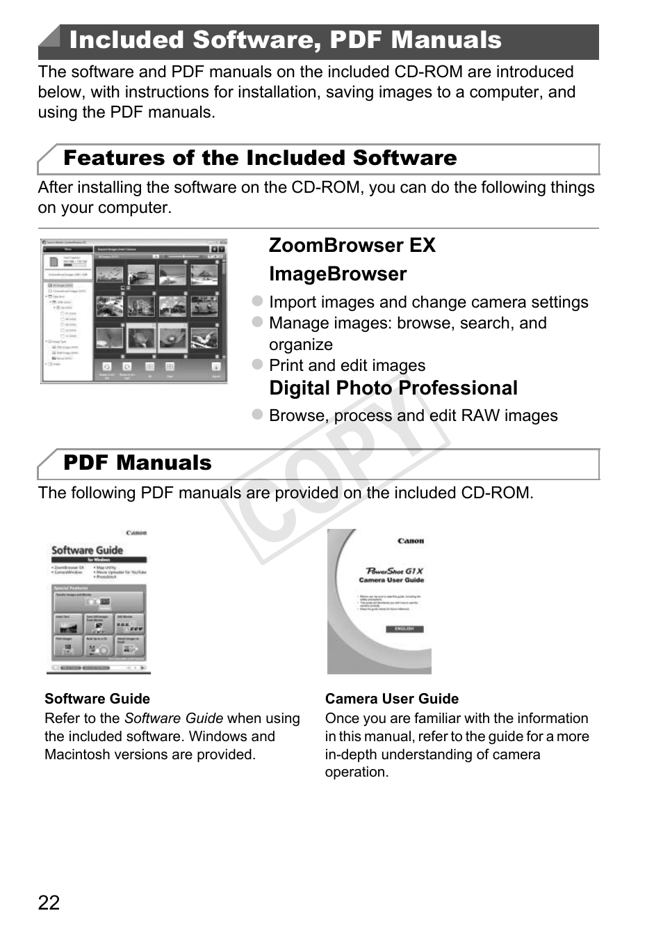 Included software, pdf manuals, Cop y | Canon PowerShot G1 X User Manual | Page 22 / 36