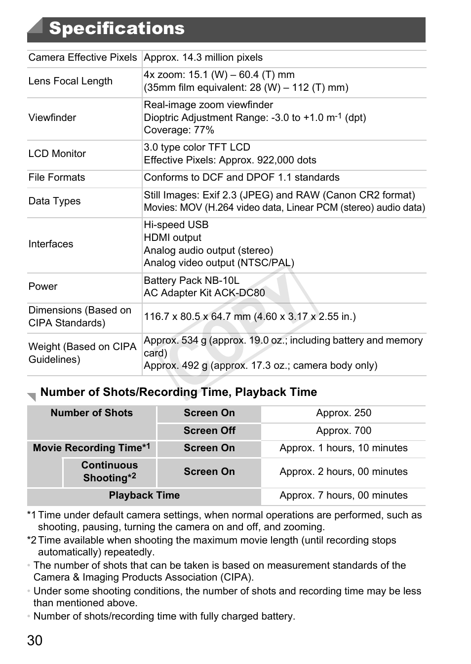 Specifications, Cop y | Canon PowerShot G1 X User Manual | Page 30 / 36
