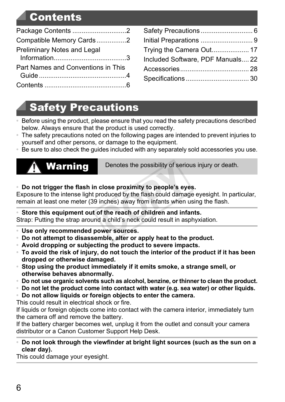 Cop y, Contents safety precautions, Warning | Canon PowerShot G1 X User Manual | Page 6 / 36