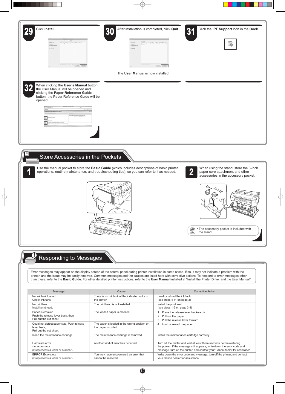 Store accessories in the pockets, Responding to messages | Canon imagePROGRAF iPF765 User Manual | Page 12 / 12