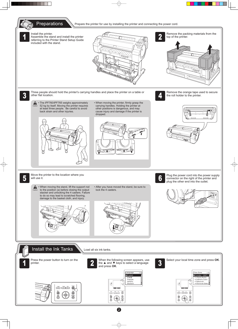 Preparations, Install the ink tanks | Canon imagePROGRAF iPF765 User Manual | Page 2 / 12