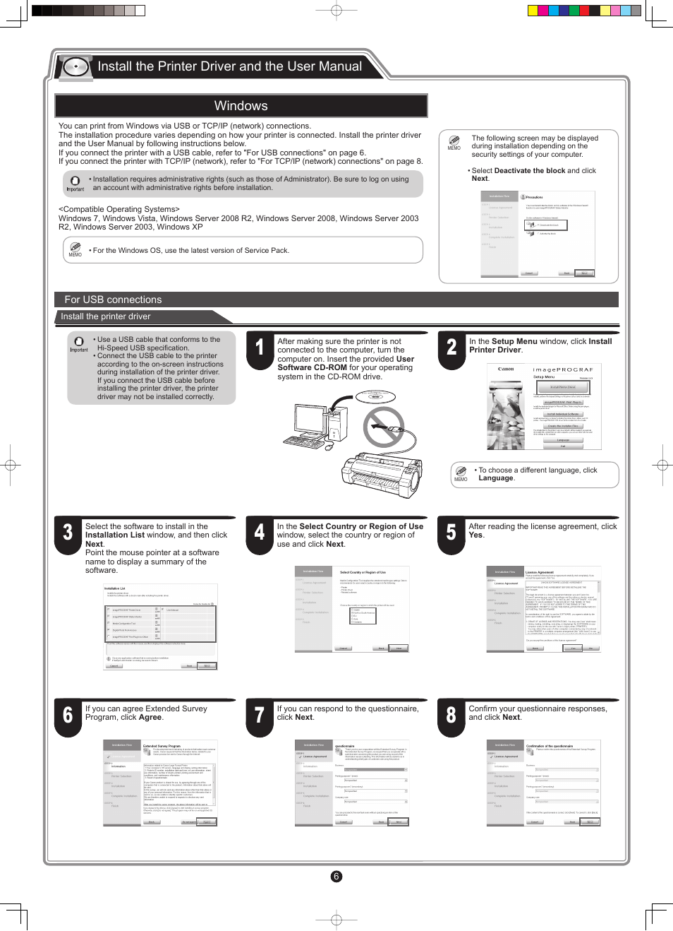 Windows, Install the printer driver and the user manual | Canon imagePROGRAF iPF765 User Manual | Page 6 / 12