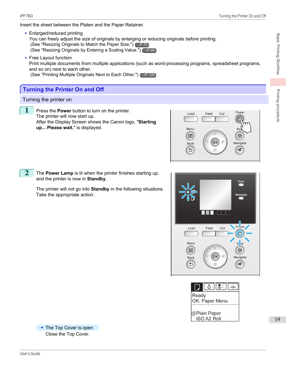 Turning the printer on and off | Canon imagePROGRAF iPF760 User Manual | Page 19 / 686