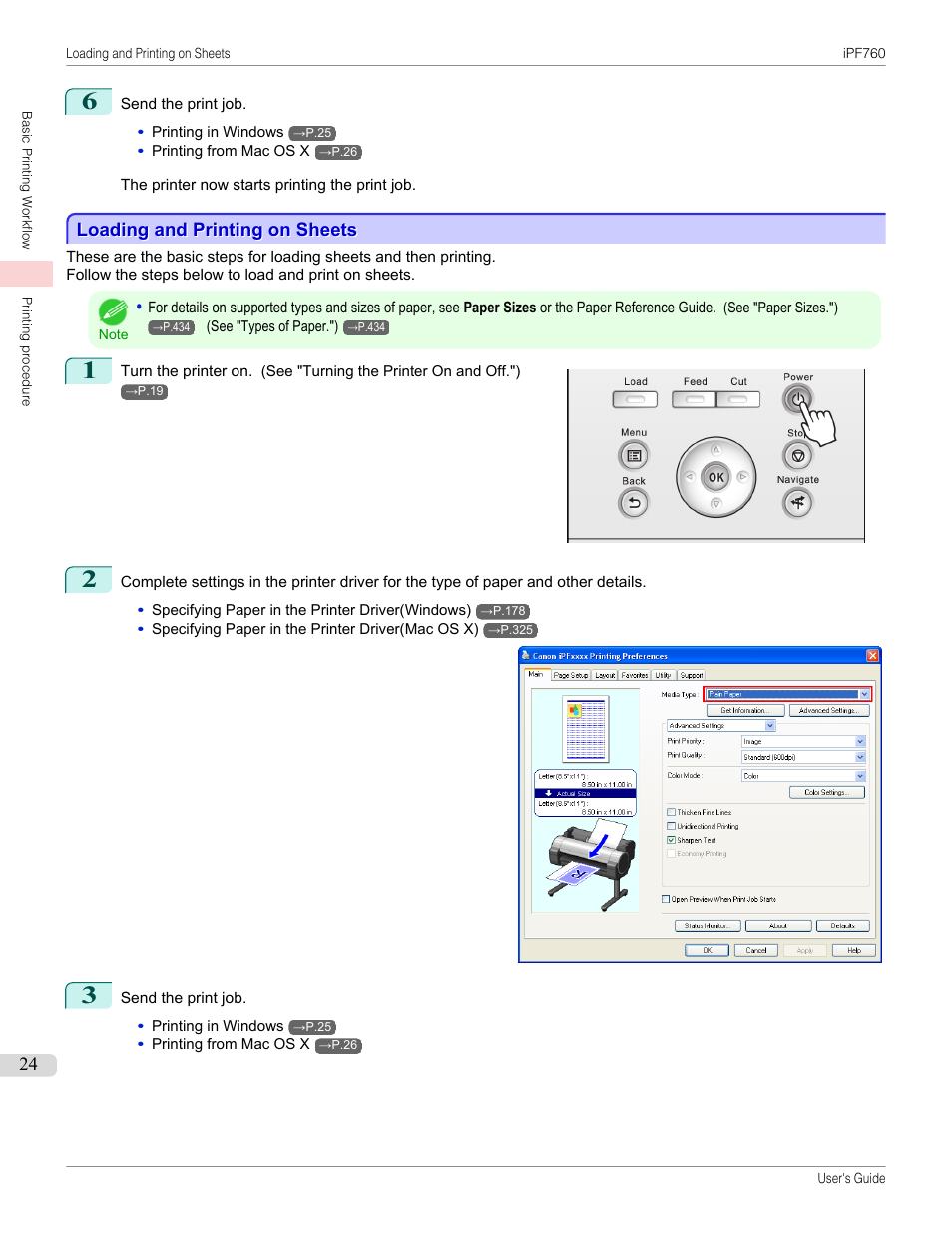 Loading and printing on sheets, See "loading and printing on sheets."), P.24 | Canon imagePROGRAF iPF760 User Manual | Page 24 / 686