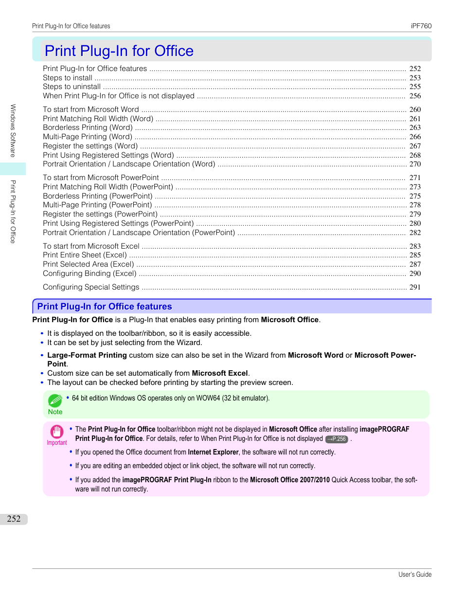 Print plug-in for office, Print plug-in for office features, P.252 | Canon imagePROGRAF iPF760 User Manual | Page 252 / 686