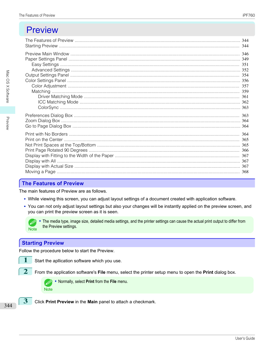 Preview, The features of preview, Starting preview | The features of preview starting preview, P.344 | Canon imagePROGRAF iPF760 User Manual | Page 344 / 686