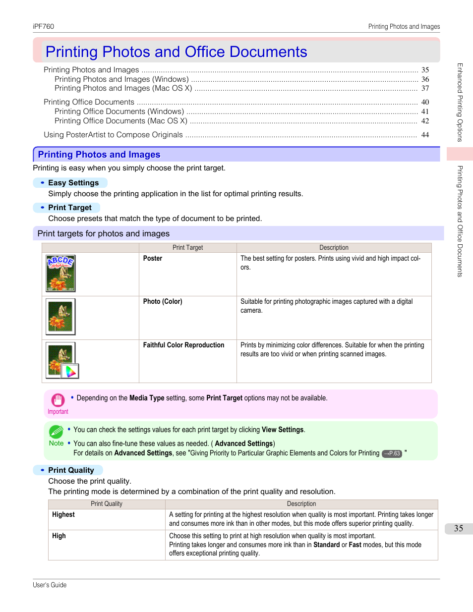 Printing photos and office documents, Printing photos and images | Canon imagePROGRAF iPF760 User Manual | Page 35 / 686