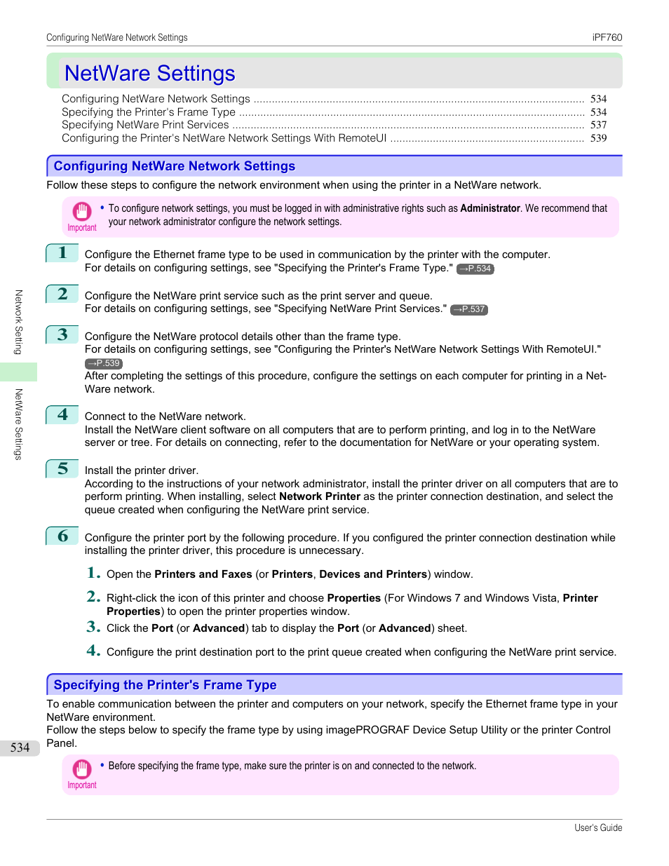 Netware settings, Configuring netware network settings, Specifying the printer's frame type | Canon imagePROGRAF iPF760 User Manual | Page 534 / 686