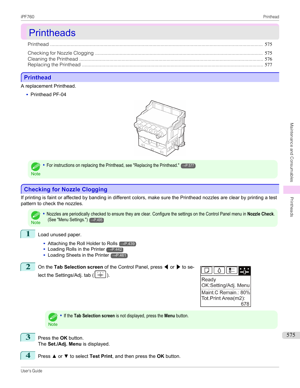 Printheads, Printhead, Checking for nozzle clogging | Printhead checking for nozzle clogging, See "checking for nozzle clogging, P.575 | Canon imagePROGRAF iPF760 User Manual | Page 575 / 686