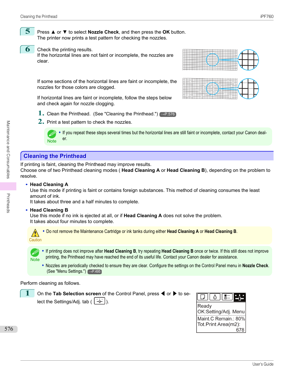 Cleaning the printhead, See "cleaning the printhead."), P.576 | Canon imagePROGRAF iPF760 User Manual | Page 576 / 686