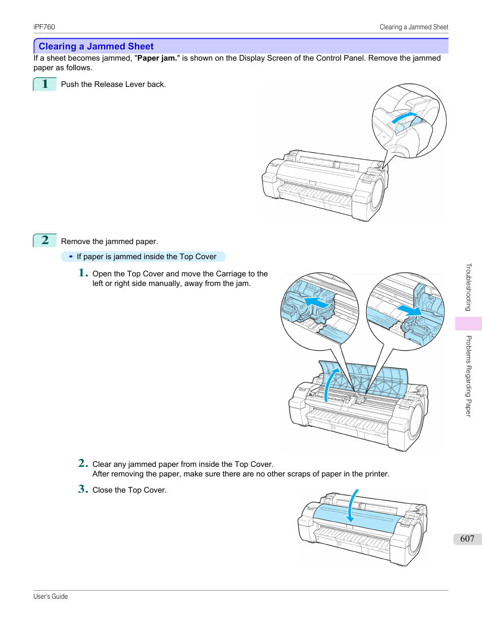 Clearing a jammed sheet | Canon imagePROGRAF iPF760 User Manual | Page 607 / 686