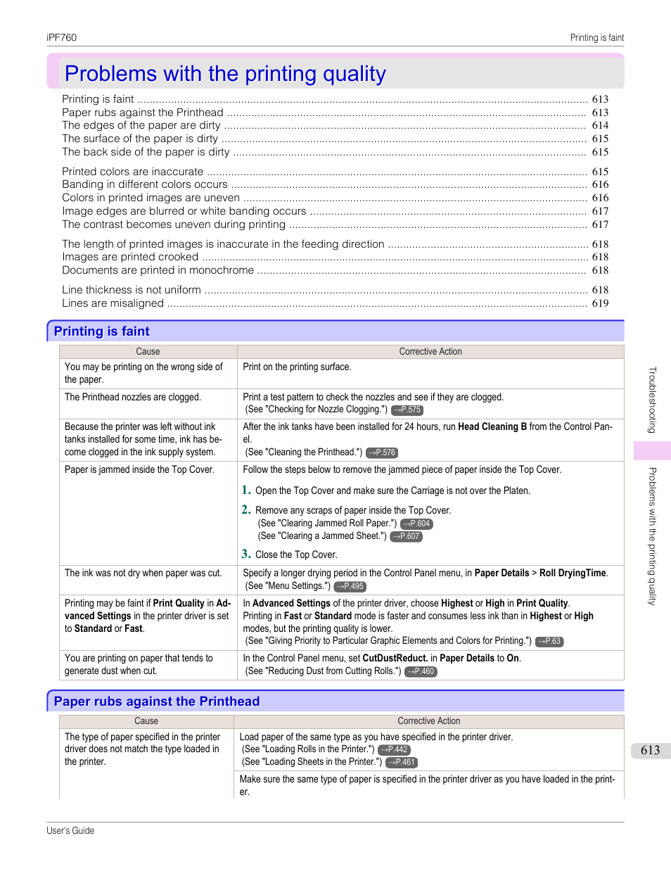 Problems with the printing quality, Printing is faint, Paper rubs against the printhead | Printing is faint paper rubs against the printhead, See "paper rubs against the printhead."), P.613 | Canon imagePROGRAF iPF760 User Manual | Page 613 / 686