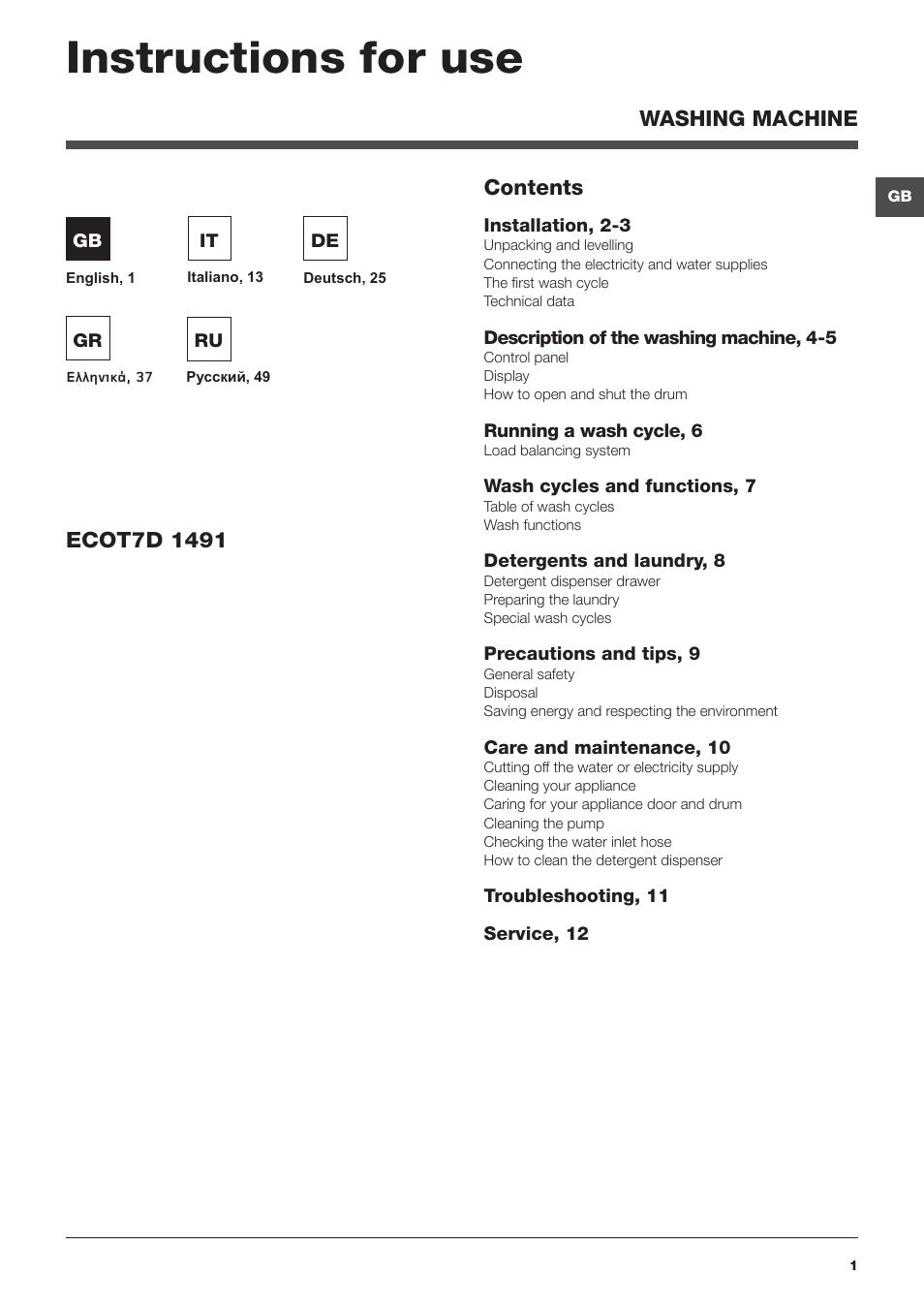 Hotpoint Ariston ECOT7D 1491 User Manual | 60 pages