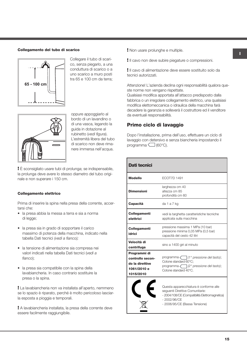 Primo ciclo di lavaggio | Hotpoint Ariston ECOT7D 1491 User Manual | Page 15 / 60