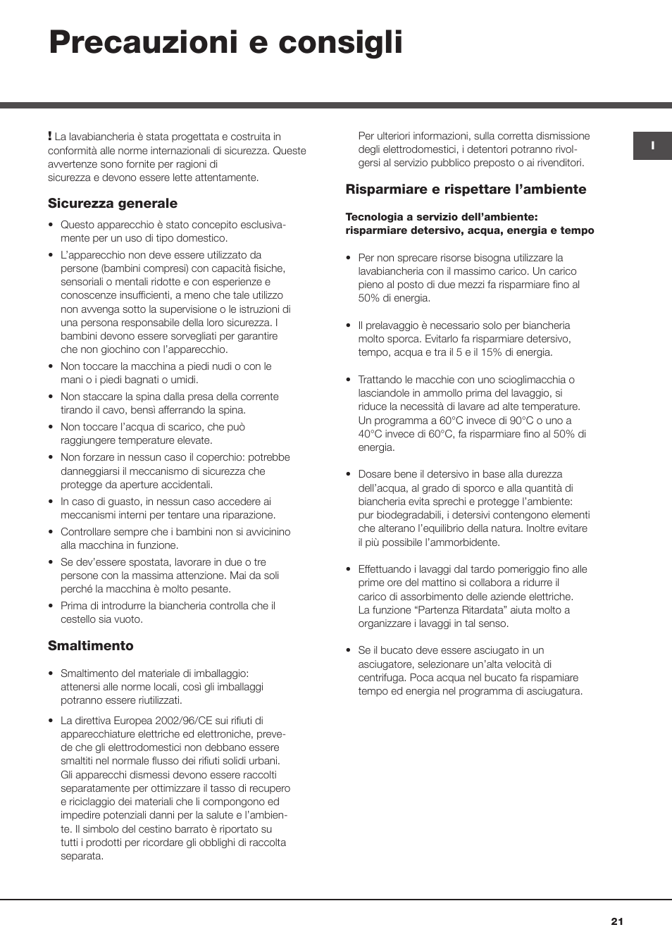 Precauzioni e consigli | Hotpoint Ariston ECOT7D 1491 User Manual | Page 21 / 60