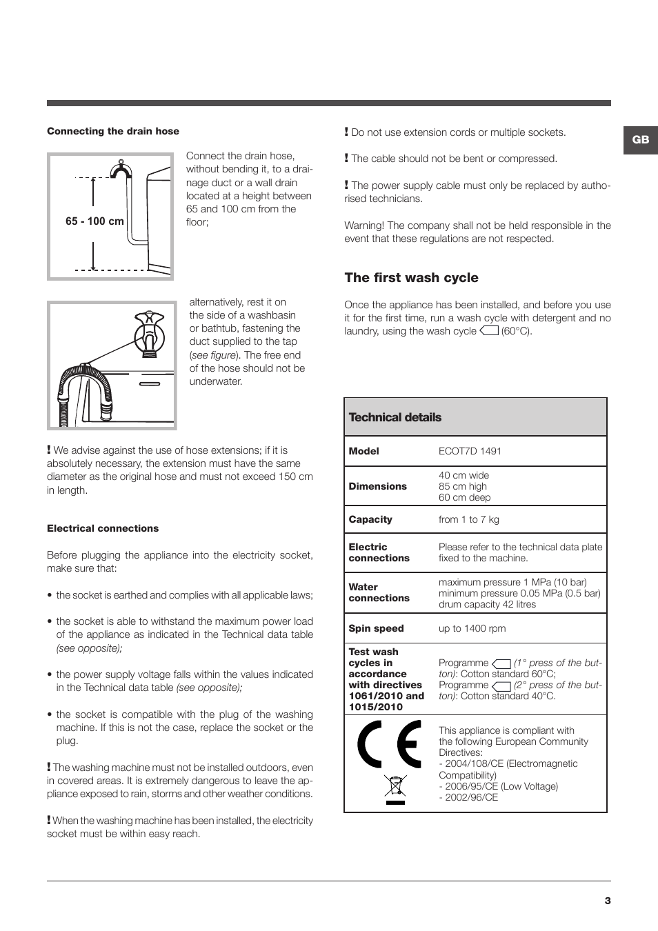 The first wash cycle | Hotpoint Ariston ECOT7D 1491 User Manual | Page 3 / 60